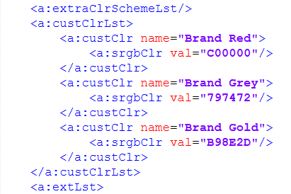 theme1.xml with the custom color list inserted after extraClrSchemeLst