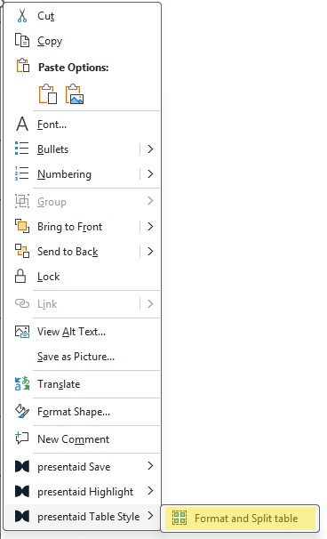 Split Table Context Menu