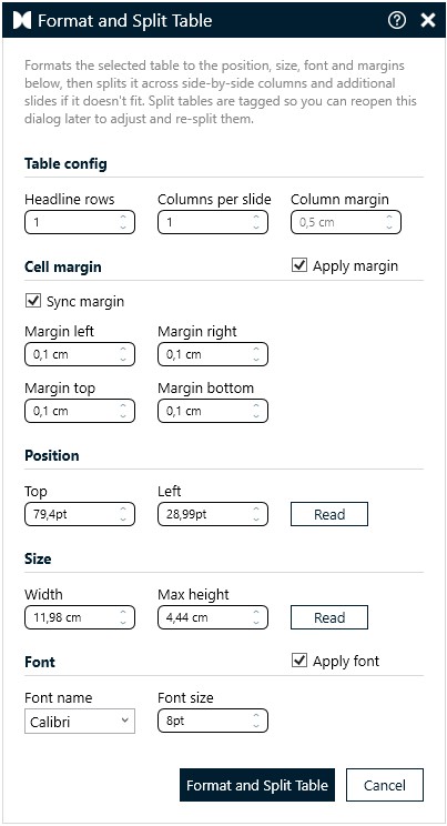 Split Table Dialog