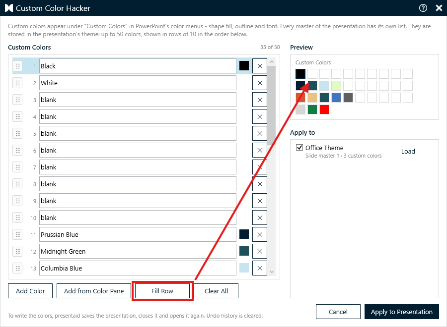 A selected color and the preview after Fill Row