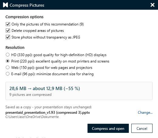 Compress Pictures dialog