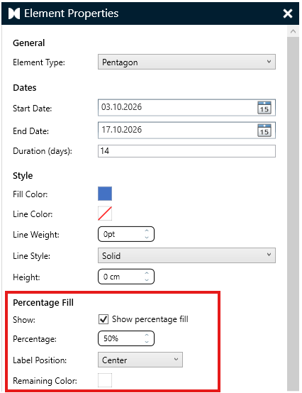 Percentage Fill in den Element-Eigenschaften