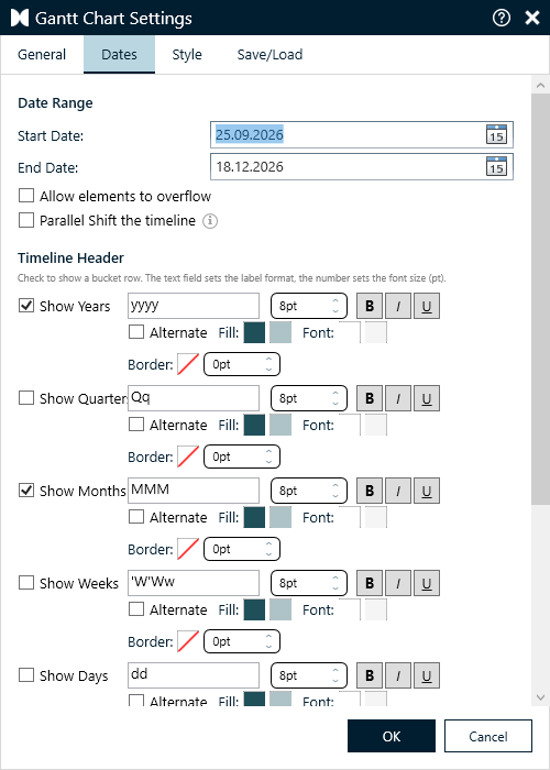 Gantt-Einstellungen - Tab Dates