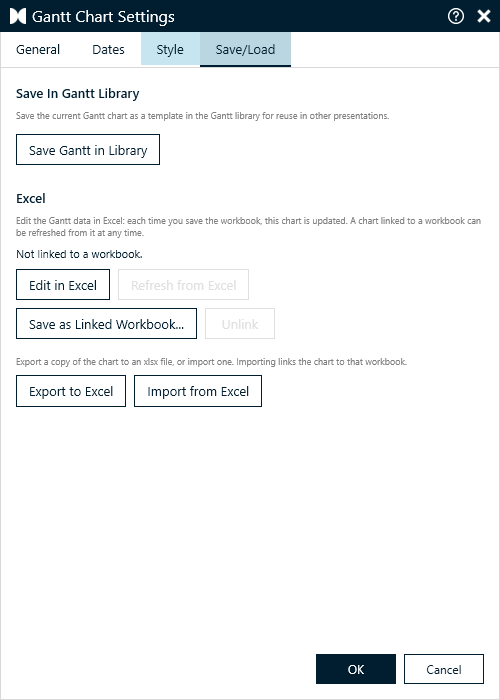Gantt-Einstellungen - Tab Save/Load