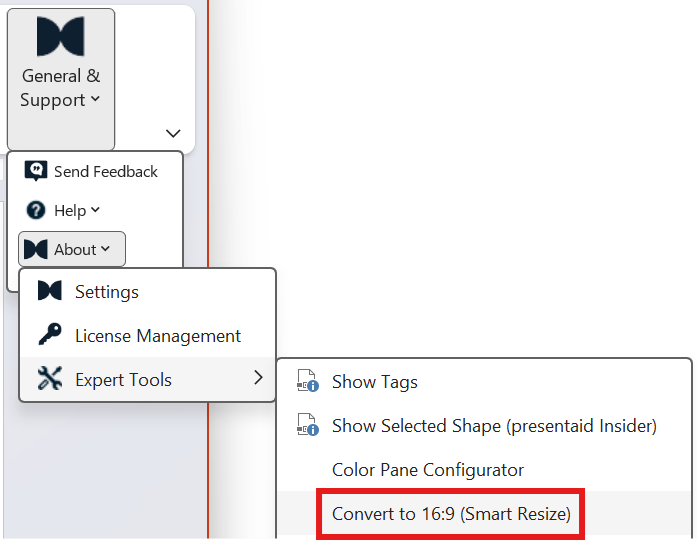 Ribbon About Expert Tools Convert to 16:9