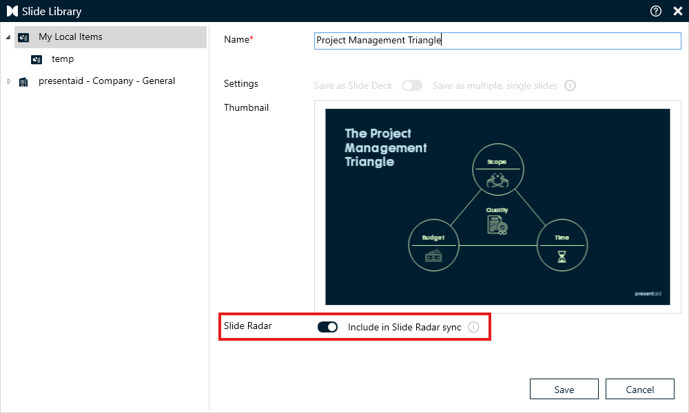 Slide Library Radar Toggle